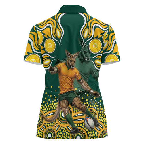 Australia Wallabies Women Polo Shirt Aboriginal Rugby Kangaroo Mascot - Gold And Green