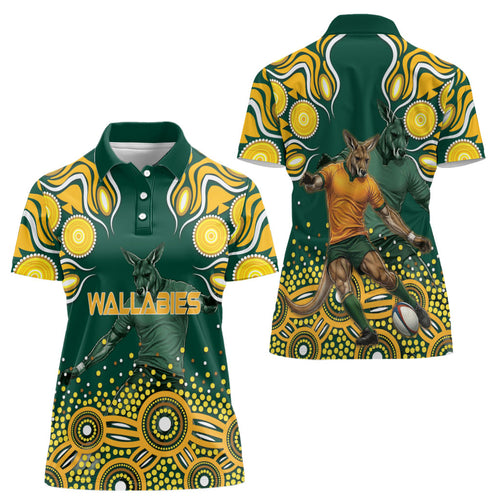 Australia Wallabies Women Polo Shirt Aboriginal Rugby Kangaroo Mascot - Gold And Green