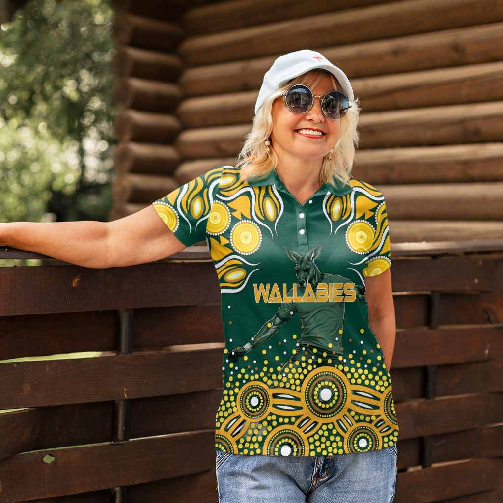 Australia Wallabies Women Polo Shirt Aboriginal Rugby Kangaroo Mascot - Gold And Green