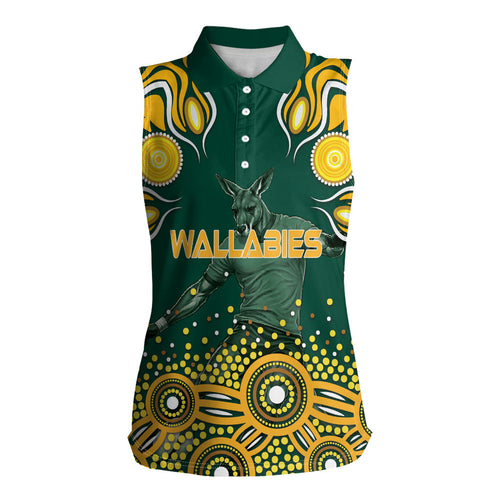 Australia Wallabies Women Sleeveless Polo Shirt Aboriginal Rugby Kangaroo Mascot - Gold And Green