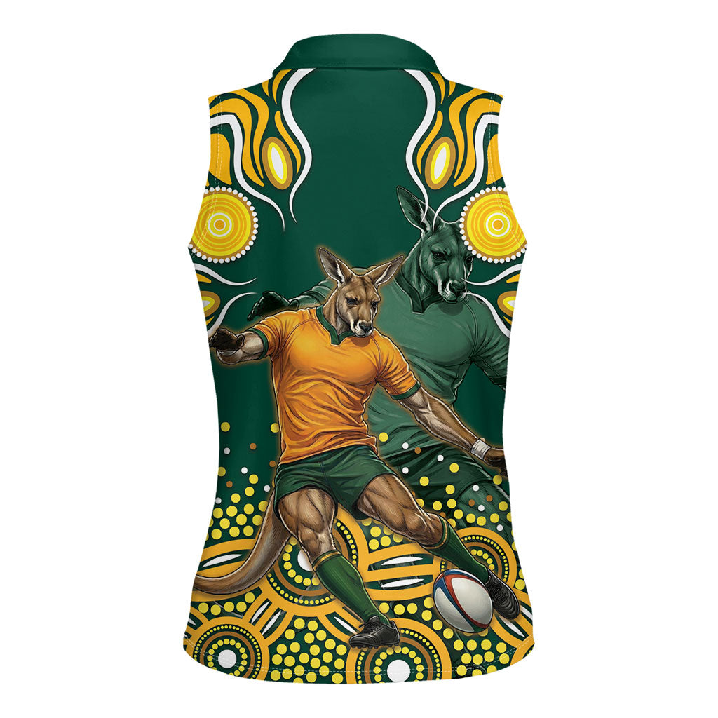 Australia Wallabies Women Sleeveless Polo Shirt Aboriginal Rugby Kangaroo Mascot - Gold And Green