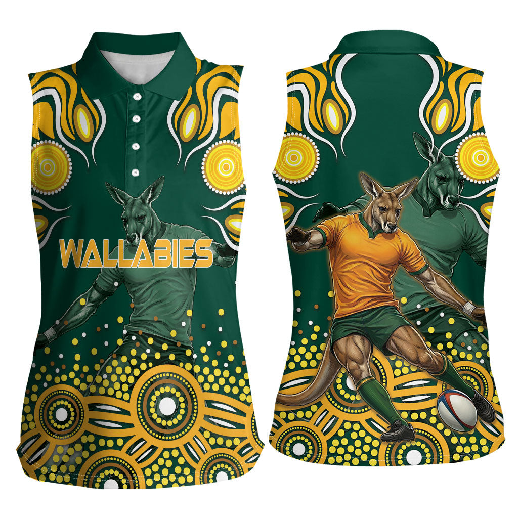 Australia Wallabies Women Sleeveless Polo Shirt Aboriginal Rugby Kangaroo Mascot - Gold And Green