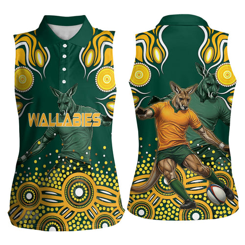 Australia Wallabies Women Sleeveless Polo Shirt Aboriginal Rugby Kangaroo Mascot - Gold And Green