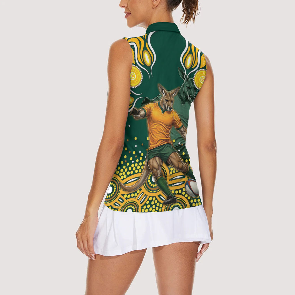 Australia Wallabies Women Sleeveless Polo Shirt Aboriginal Rugby Kangaroo Mascot - Gold And Green