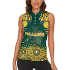 Australia Wallabies Women Sleeveless Polo Shirt Aboriginal Rugby Kangaroo Mascot - Gold And Green