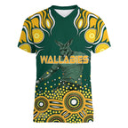 Australia Wallabies Women V-Neck T-Shirt Aboriginal Rugby Kangaroo Mascot - Gold And Green