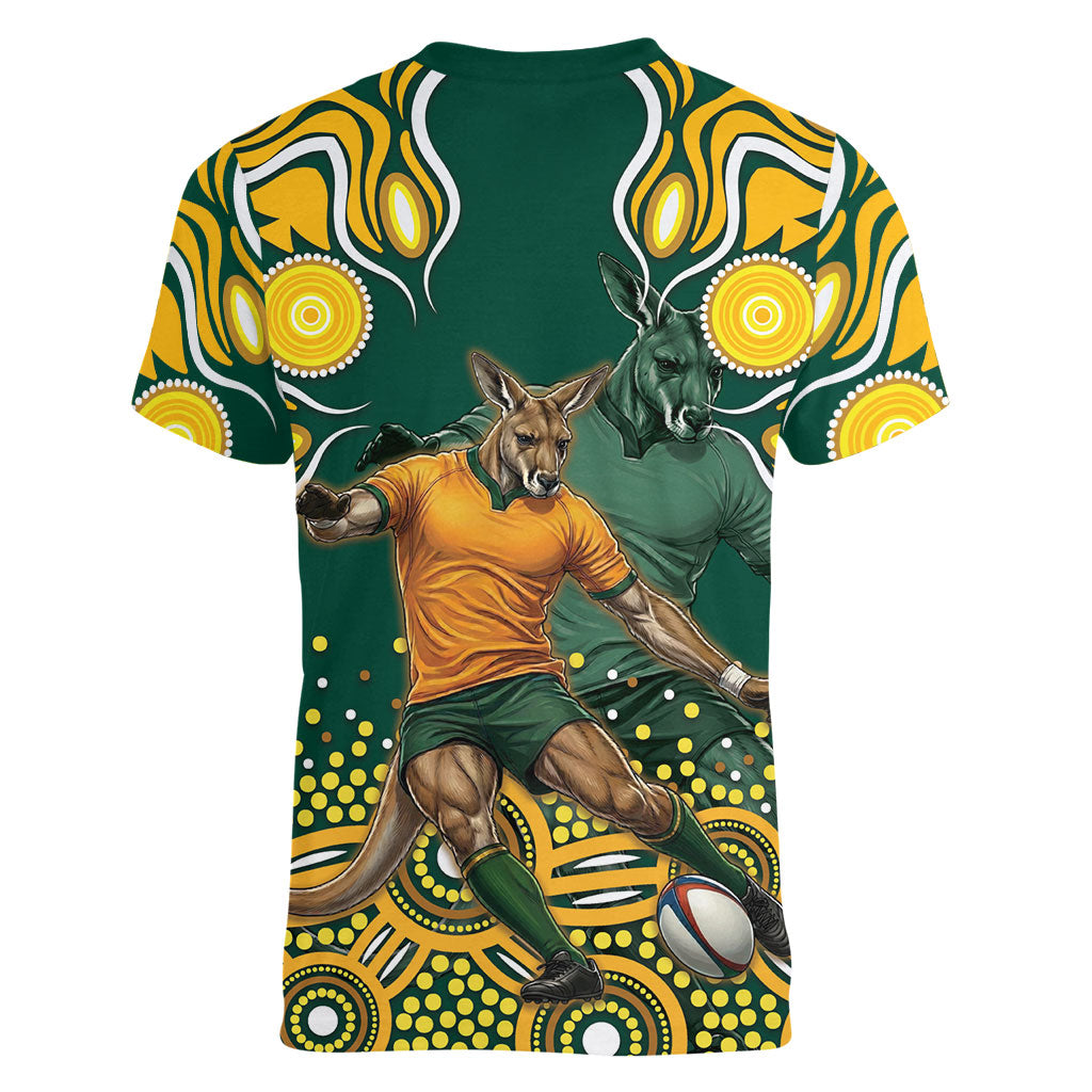 Australia Wallabies Women V-Neck T-Shirt Aboriginal Rugby Kangaroo Mascot - Gold And Green