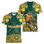 Australia Wallabies Women V-Neck T-Shirt Aboriginal Rugby Kangaroo Mascot - Gold And Green