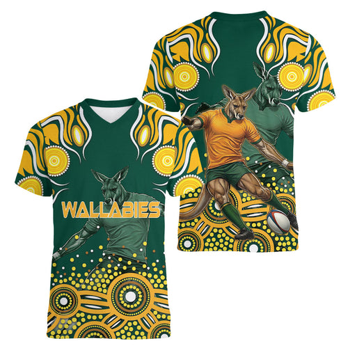 Australia Wallabies Women V-Neck T-Shirt Aboriginal Rugby Kangaroo Mascot - Gold And Green