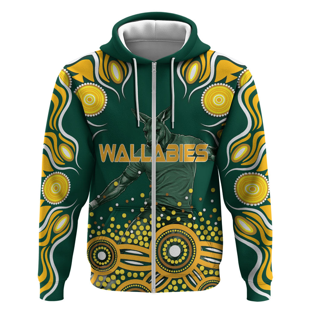 Australia Wallabies Zip Hoodie Aboriginal Rugby Kangaroo Mascot - Gold And Green