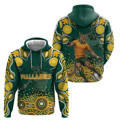 Australia Wallabies Zip Hoodie Aboriginal Rugby Kangaroo Mascot - Gold And Green