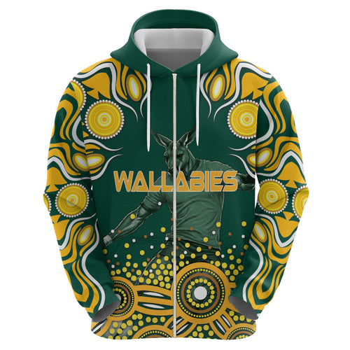 Australia Wallabies Zip Hoodie Aboriginal Rugby Kangaroo Mascot - Gold And Green