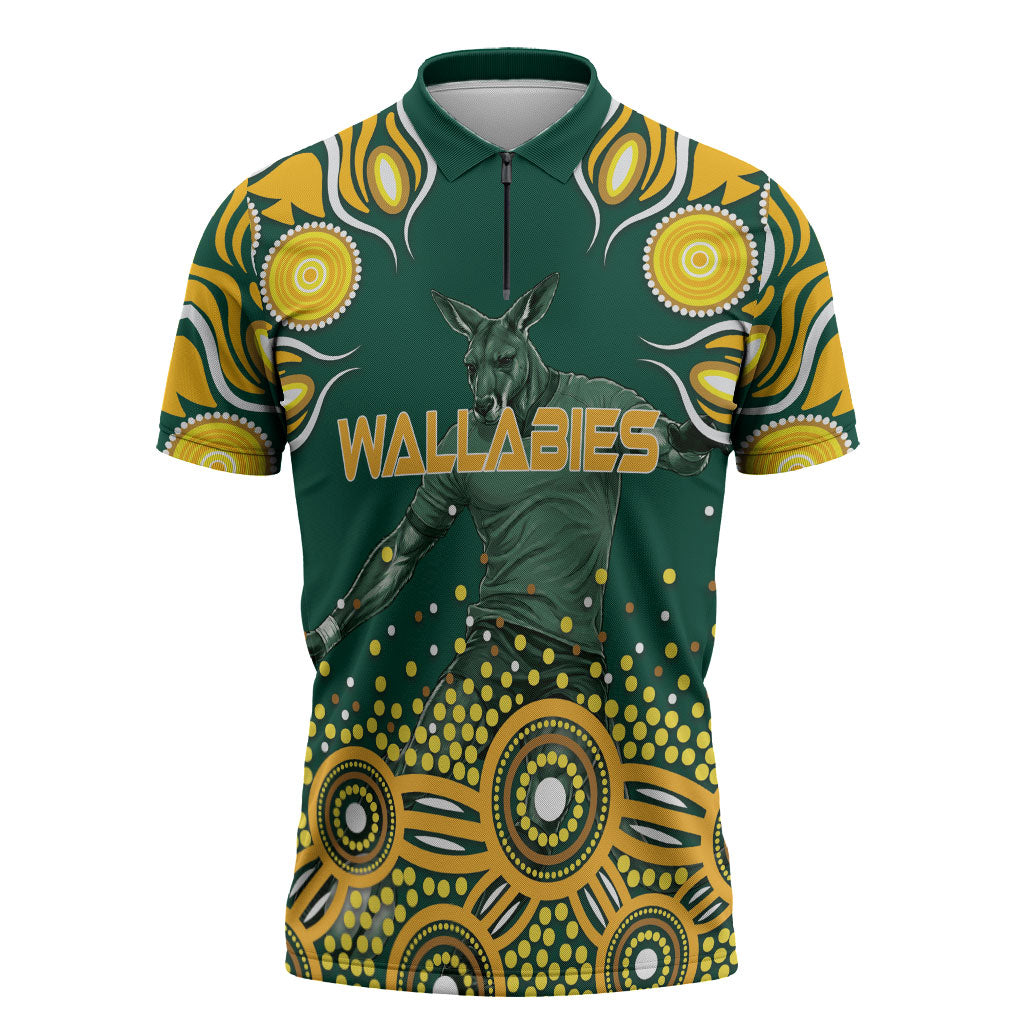 Australia Wallabies Zipper Polo Shirt Aboriginal Rugby Kangaroo Mascot - Gold And Green