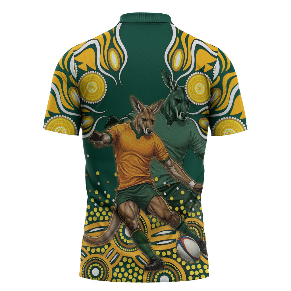 Australia Wallabies Zipper Polo Shirt Aboriginal Rugby Kangaroo Mascot - Gold And Green