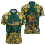 Australia Wallabies Zipper Polo Shirt Aboriginal Rugby Kangaroo Mascot - Gold And Green