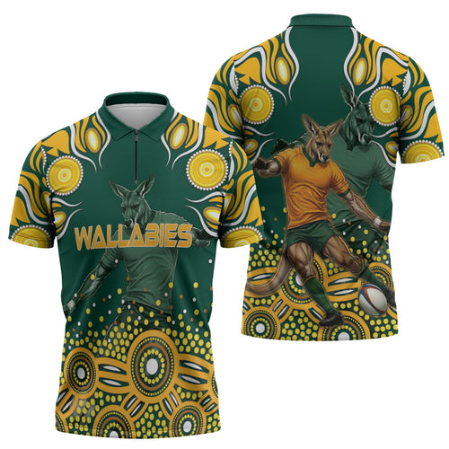 Australia Wallabies Zipper Polo Shirt Aboriginal Rugby Kangaroo Mascot - Gold And Green