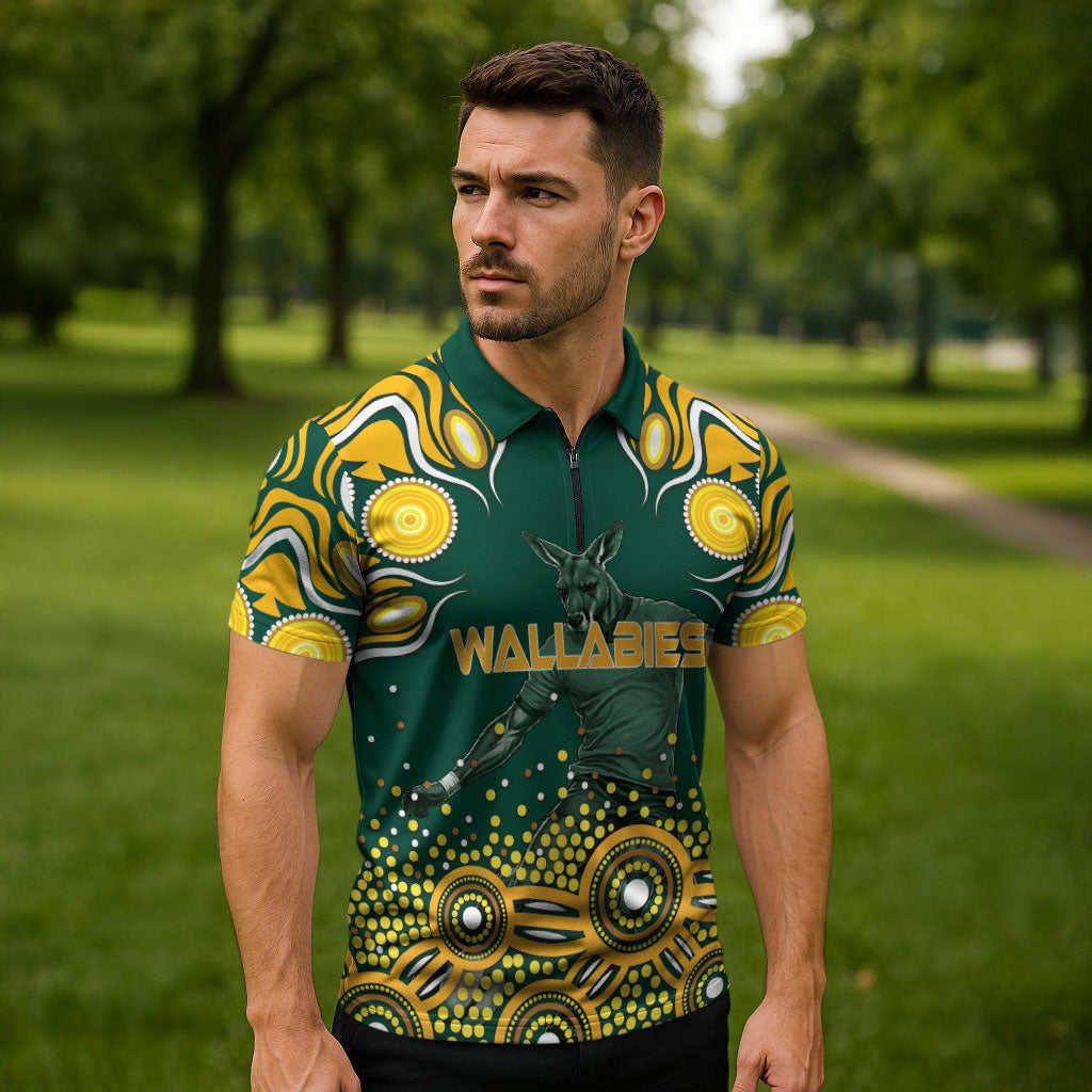 Australia Wallabies Zipper Polo Shirt Aboriginal Rugby Kangaroo Mascot - Gold And Green