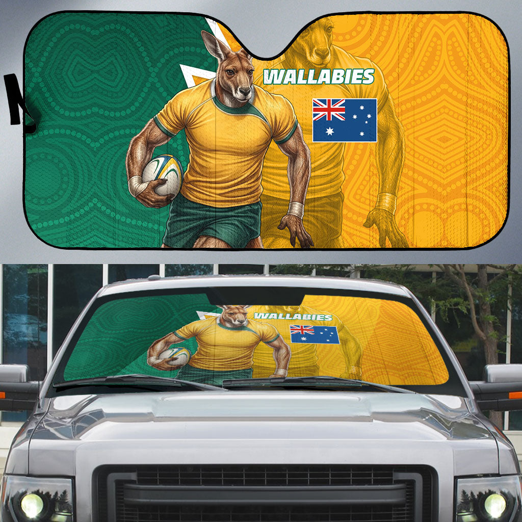 Australia Wallabies Kangaroo Auto Sun Shade Australia Flag And Lightning Bolt - Aboriginal Rugby Mascot