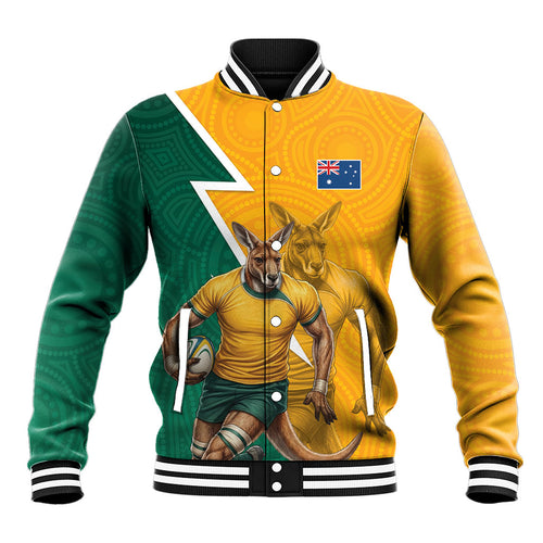 Australia Wallabies Kangaroo Baseball Jacket Australia Flag And Lightning Bolt - Aboriginal Rugby Mascot