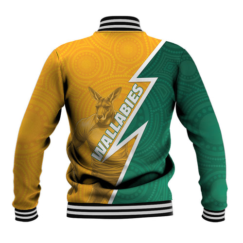 Australia Wallabies Kangaroo Baseball Jacket Australia Flag And Lightning Bolt - Aboriginal Rugby Mascot