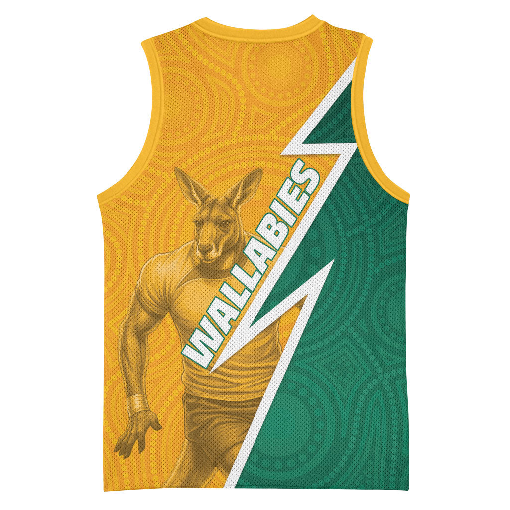 Australia Wallabies Kangaroo Basketball Jersey Australia Flag And Lightning Bolt - Aboriginal Rugby Mascot