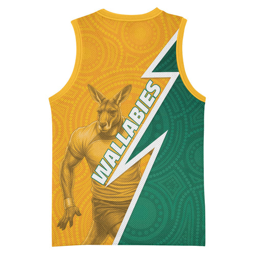 Australia Wallabies Kangaroo Basketball Jersey Australia Flag And Lightning Bolt - Aboriginal Rugby Mascot