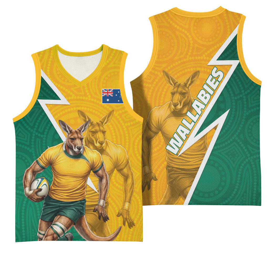 Australia Wallabies Kangaroo Basketball Jersey Australia Flag And Lightning Bolt - Aboriginal Rugby Mascot