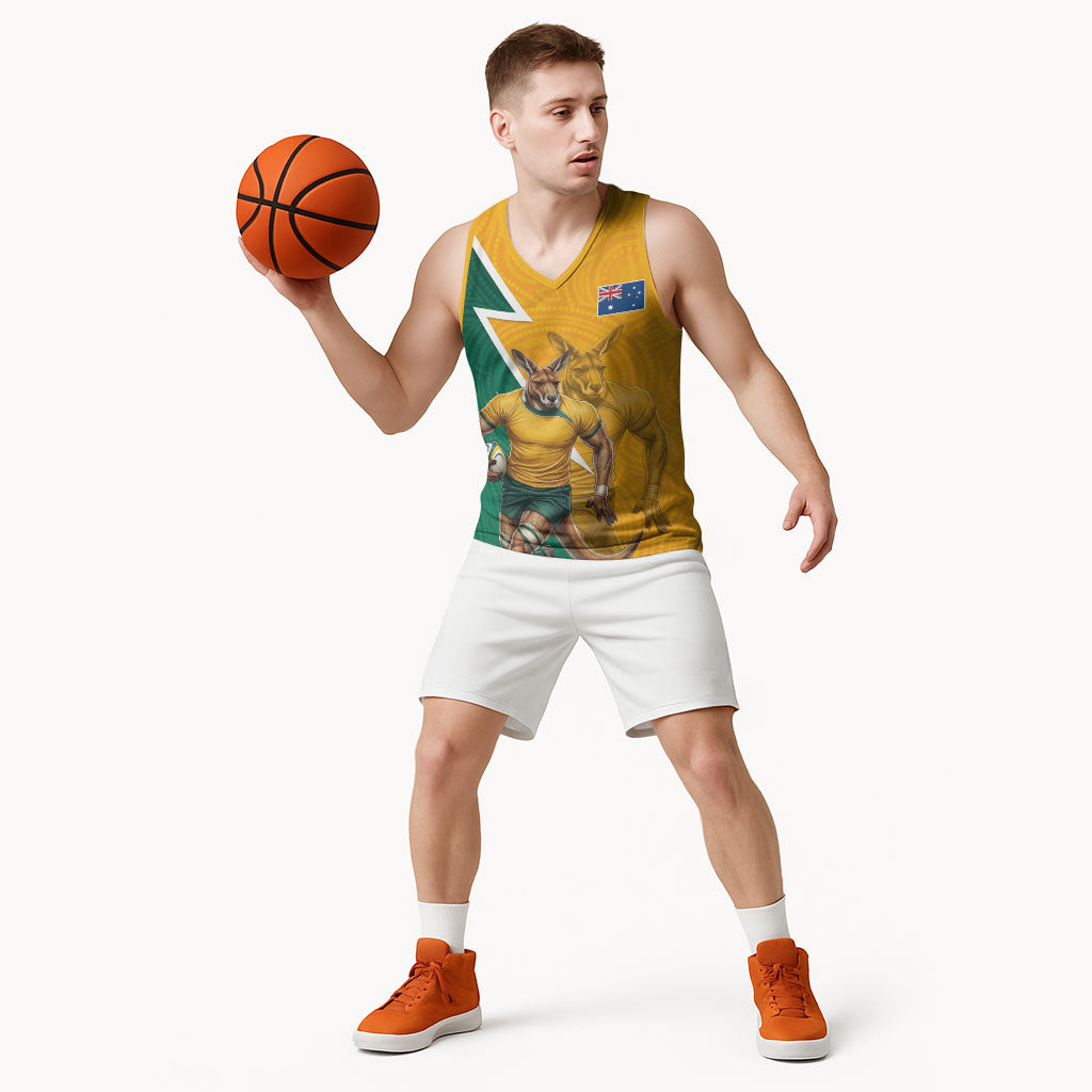 Australia Wallabies Kangaroo Basketball Jersey Australia Flag And Lightning Bolt - Aboriginal Rugby Mascot