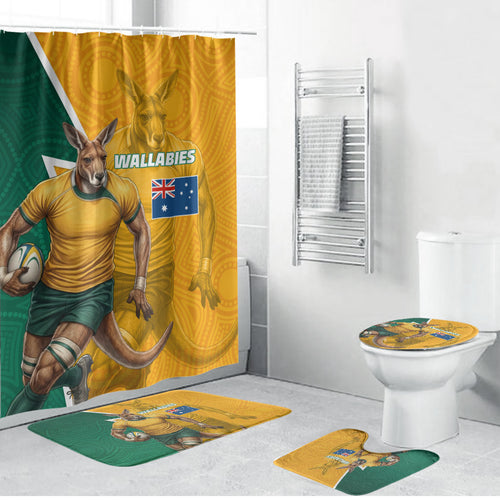 Australia Wallabies Kangaroo Bathroom Set Australia Flag And Lightning Bolt - Aboriginal Rugby Mascot
