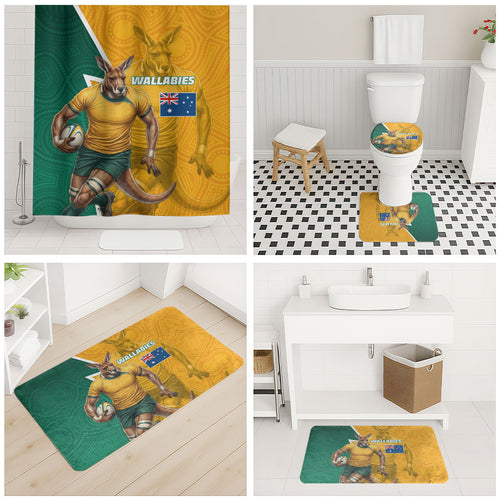 Australia Wallabies Kangaroo Bathroom Set Australia Flag And Lightning Bolt - Aboriginal Rugby Mascot