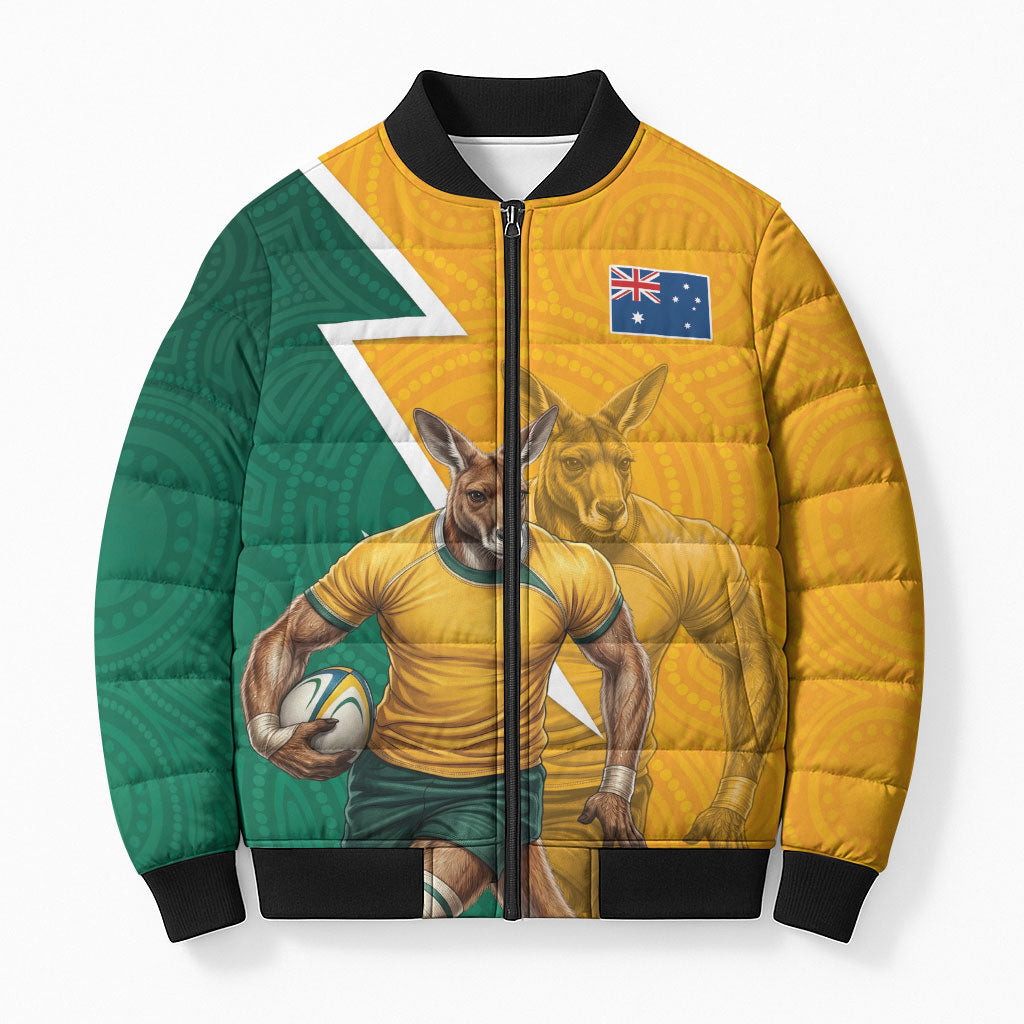 Australia Wallabies Kangaroo Bomber Puffer Jacket Australia Flag And Lightning Bolt - Aboriginal Rugby Mascot