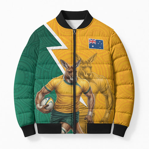 Australia Wallabies Kangaroo Bomber Puffer Jacket Australia Flag And Lightning Bolt - Aboriginal Rugby Mascot