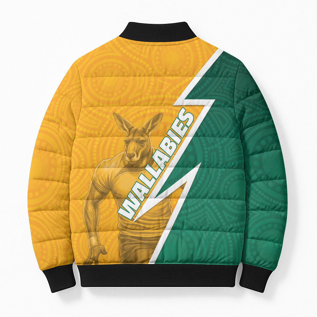 Australia Wallabies Kangaroo Bomber Puffer Jacket Australia Flag And Lightning Bolt - Aboriginal Rugby Mascot