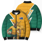 Australia Wallabies Kangaroo Bomber Puffer Jacket Australia Flag And Lightning Bolt - Aboriginal Rugby Mascot