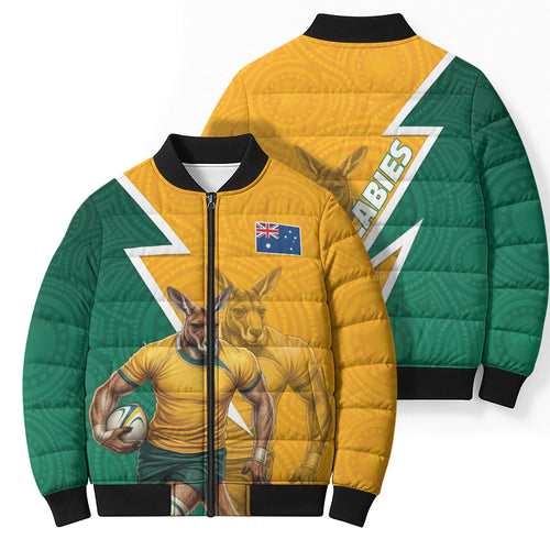 Australia Wallabies Kangaroo Bomber Puffer Jacket Australia Flag And Lightning Bolt - Aboriginal Rugby Mascot