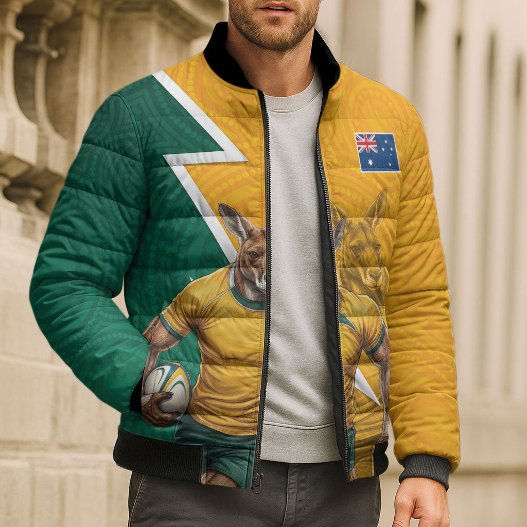 Australia Wallabies Kangaroo Bomber Puffer Jacket Australia Flag And Lightning Bolt - Aboriginal Rugby Mascot