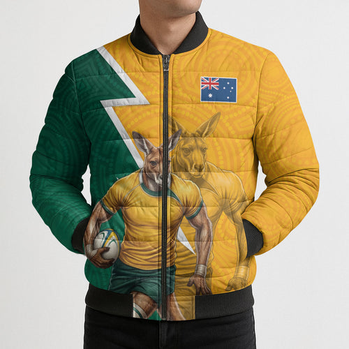 Australia Wallabies Kangaroo Bomber Puffer Jacket Australia Flag And Lightning Bolt - Aboriginal Rugby Mascot