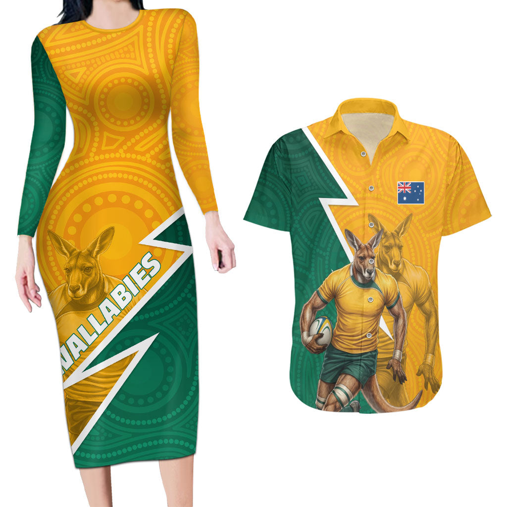 Australia Wallabies Kangaroo Couples Matching Long Sleeve Bodycon Dress and Hawaiian Shirt Australia Flag And Lightning Bolt - Aboriginal Rugby Mascot