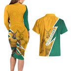 Australia Wallabies Kangaroo Couples Matching Long Sleeve Bodycon Dress and Hawaiian Shirt Australia Flag And Lightning Bolt - Aboriginal Rugby Mascot