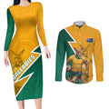 Australia Wallabies Kangaroo Couples Matching Long Sleeve Bodycon Dress and Long Sleeve Button Shirt Australia Flag And Lightning Bolt - Aboriginal Rugby Mascot
