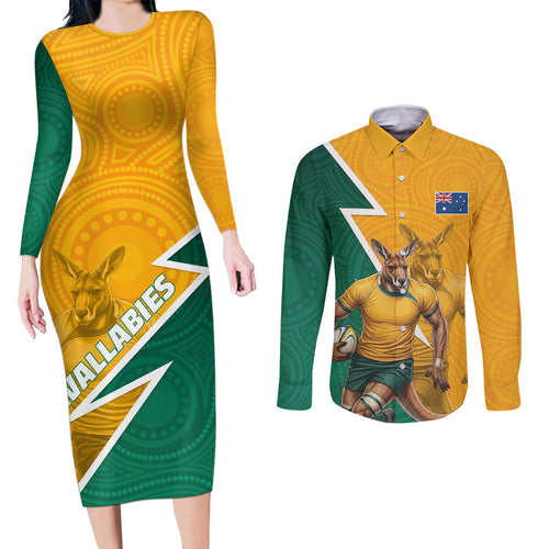 Australia Wallabies Kangaroo Couples Matching Long Sleeve Bodycon Dress and Long Sleeve Button Shirt Australia Flag And Lightning Bolt - Aboriginal Rugby Mascot