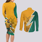 Australia Wallabies Kangaroo Couples Matching Long Sleeve Bodycon Dress and Long Sleeve Button Shirt Australia Flag And Lightning Bolt - Aboriginal Rugby Mascot