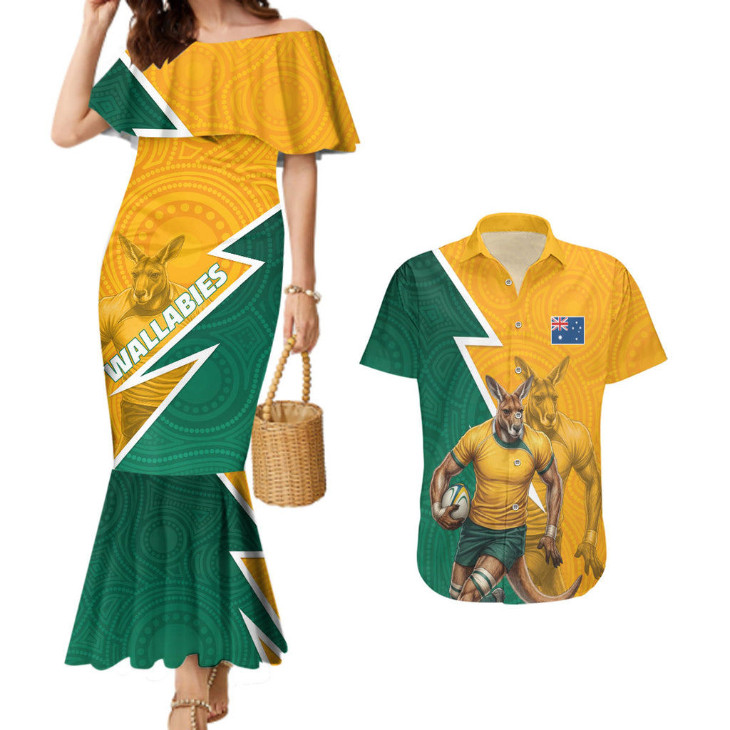 Australia Wallabies Kangaroo Couples Matching Mermaid Dress and Hawaiian Shirt Australia Flag And Lightning Bolt - Aboriginal Rugby Mascot