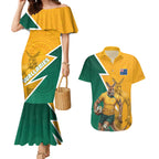 Australia Wallabies Kangaroo Couples Matching Mermaid Dress and Hawaiian Shirt Australia Flag And Lightning Bolt - Aboriginal Rugby Mascot