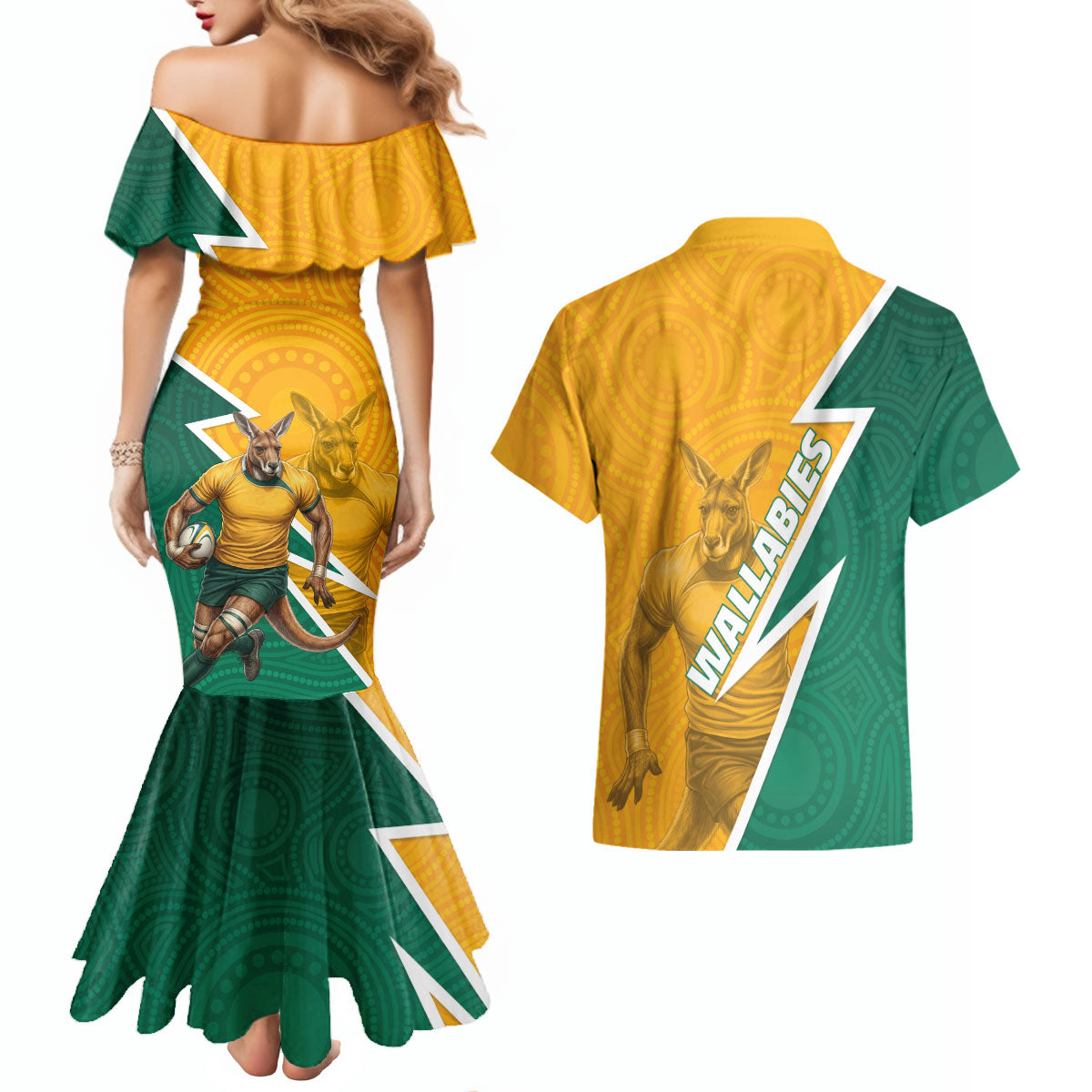 Australia Wallabies Kangaroo Couples Matching Mermaid Dress and Hawaiian Shirt Australia Flag And Lightning Bolt - Aboriginal Rugby Mascot