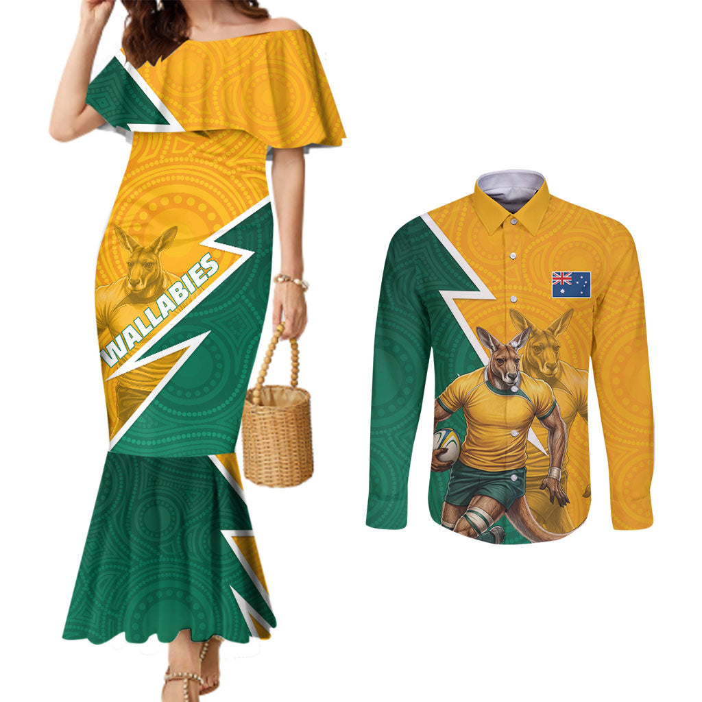 Australia Wallabies Kangaroo Couples Matching Mermaid Dress and Long Sleeve Button Shirt Australia Flag And Lightning Bolt - Aboriginal Rugby Mascot