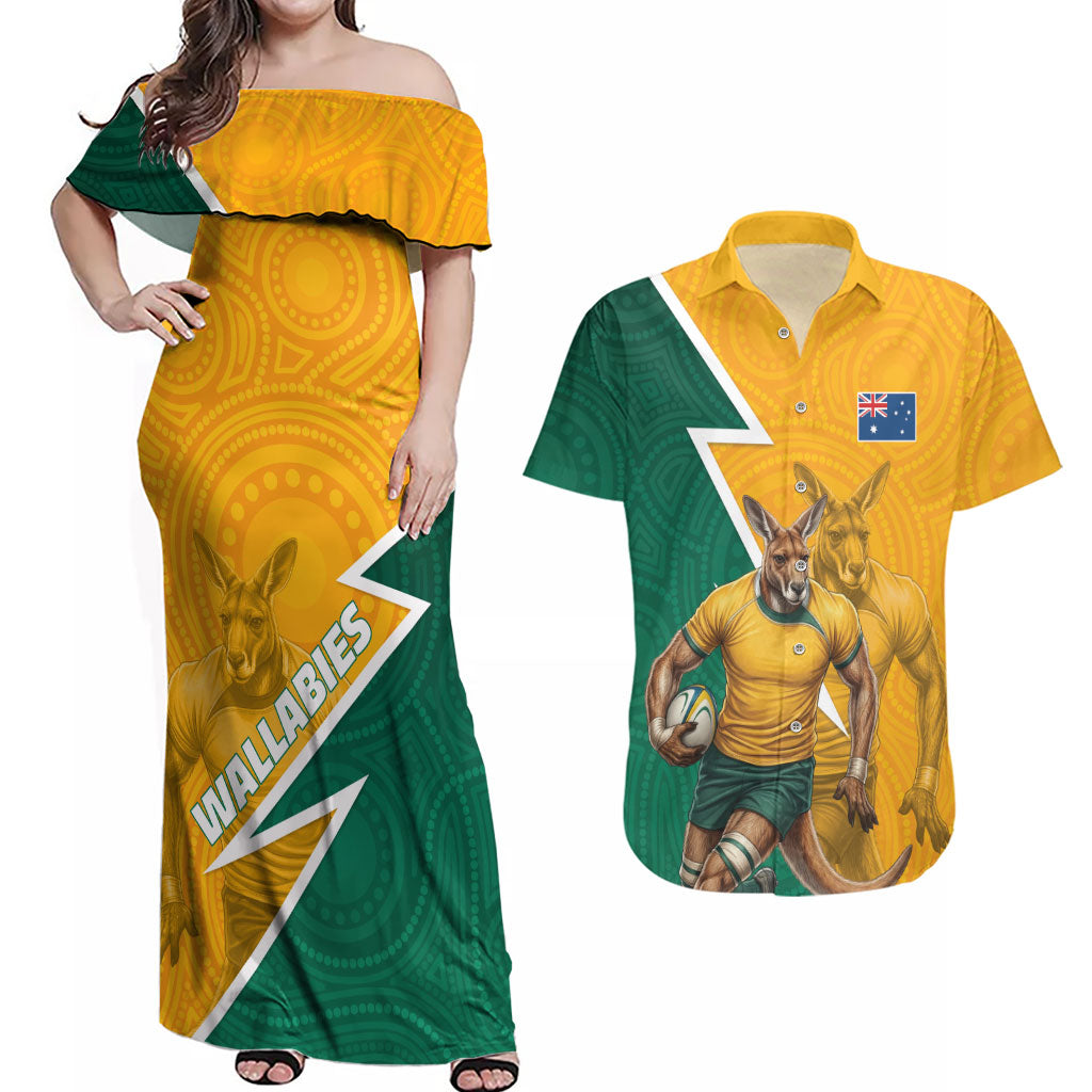 Australia Wallabies Kangaroo Couples Matching Off Shoulder Maxi Dress and Hawaiian Shirt Australia Flag And Lightning Bolt - Aboriginal Rugby Mascot