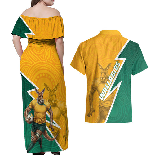 Australia Wallabies Kangaroo Couples Matching Off Shoulder Maxi Dress and Hawaiian Shirt Australia Flag And Lightning Bolt - Aboriginal Rugby Mascot
