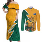 Australia Wallabies Kangaroo Couples Matching Off Shoulder Maxi Dress and Long Sleeve Button Shirt Australia Flag And Lightning Bolt - Aboriginal Rugby Mascot