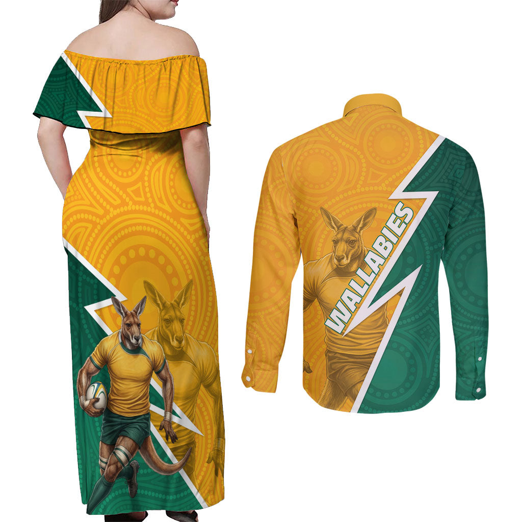 Australia Wallabies Kangaroo Couples Matching Off Shoulder Maxi Dress and Long Sleeve Button Shirt Australia Flag And Lightning Bolt - Aboriginal Rugby Mascot